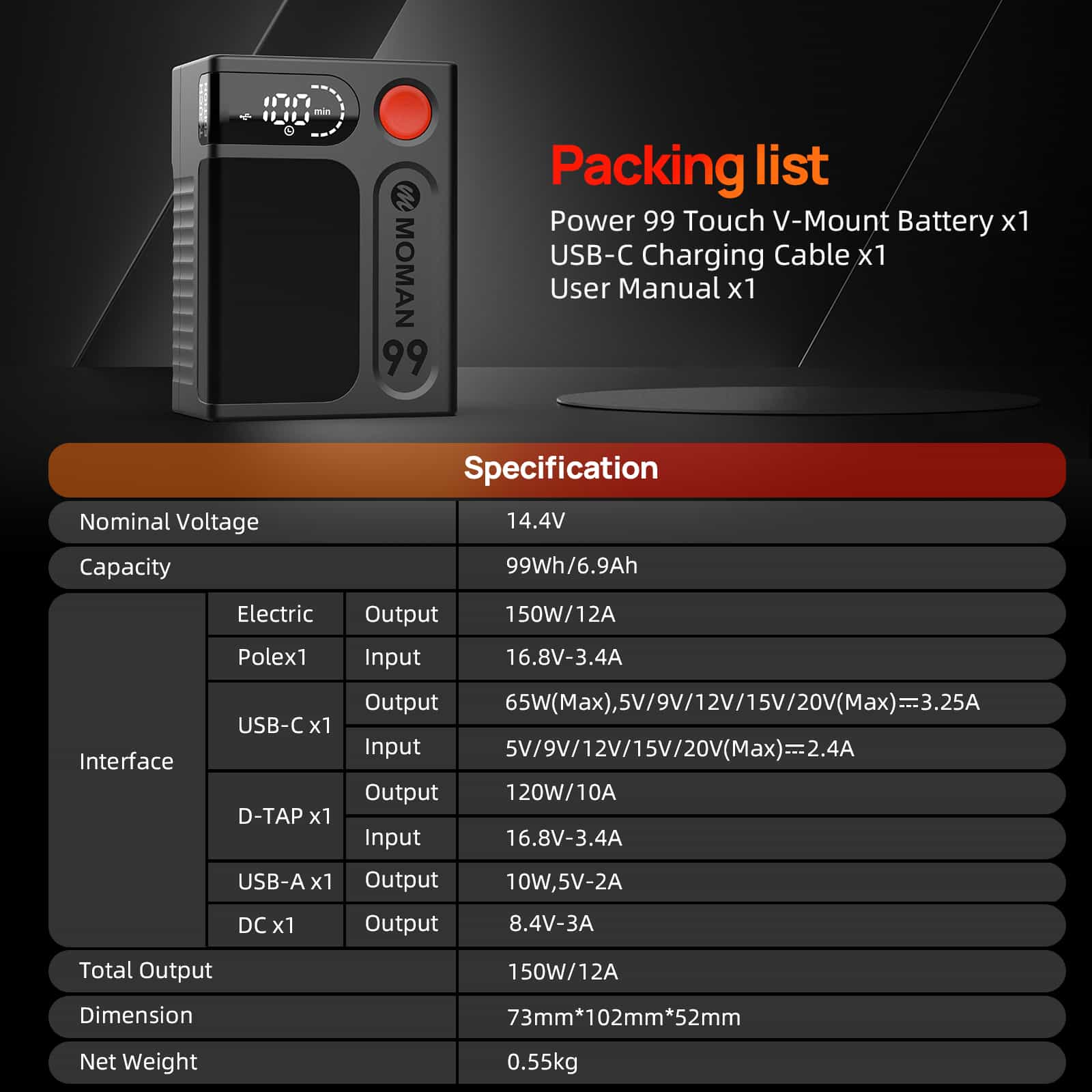 【Extra 20% Off with POBT20】Moman Power 99 Touch 99Wh V-mount Camera Battery with LED Display, D-Tap, DC, USB-A, and USB-C Ports - Image 9