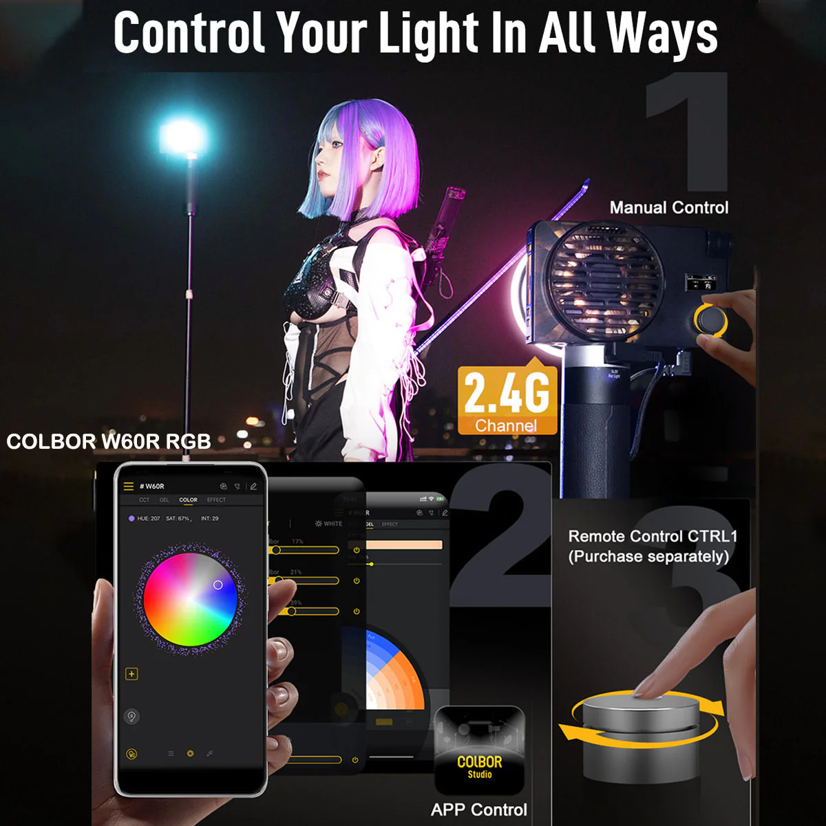 COLBOR W60/W60R Portable LED Video Light with 60W COB Output, CRI 97+, Mount-attached Design - Image 9