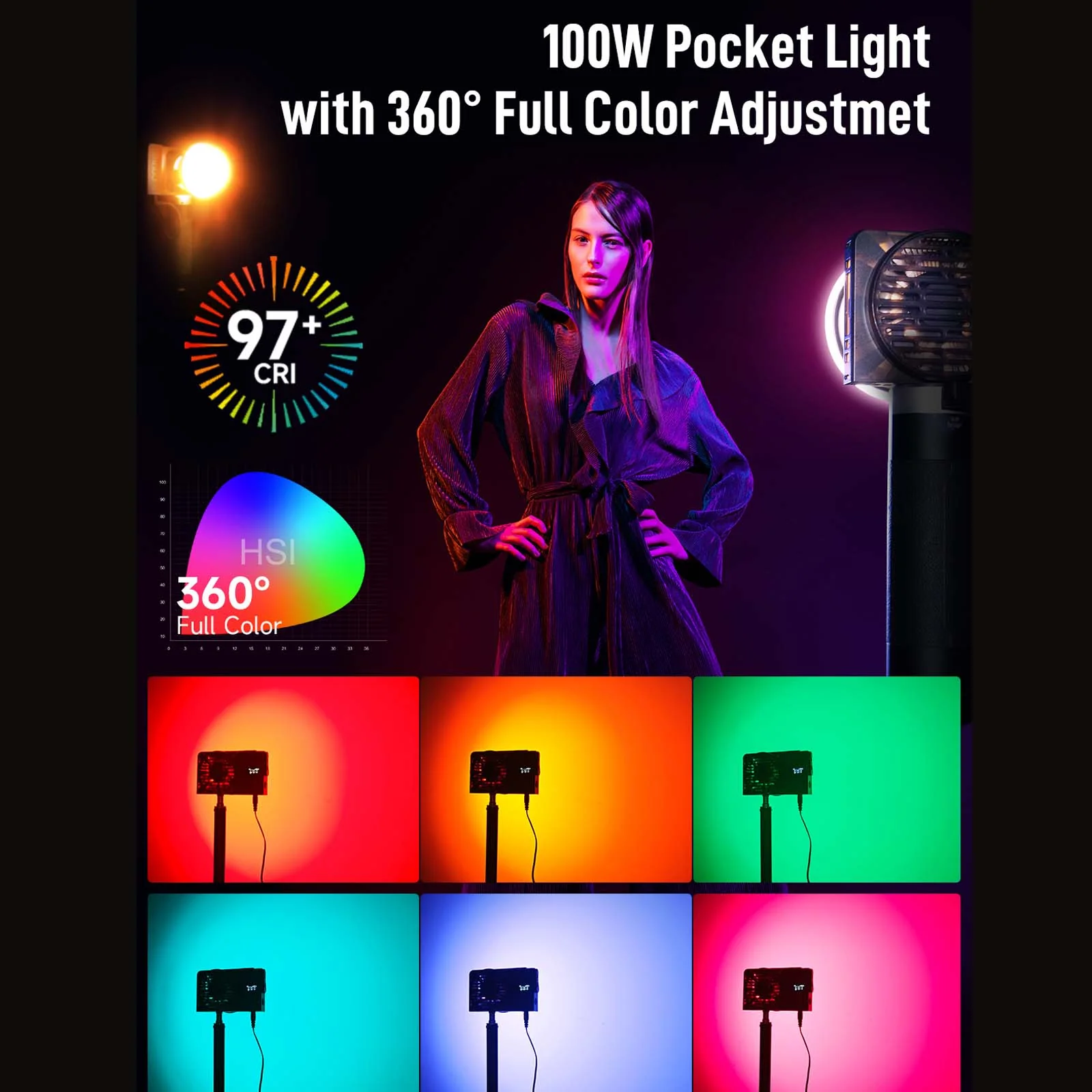 COLBOR W100R RGB Photography Light, 100W Power, 2700-6500K Full Color CRI97+ TLCI98+, with APP Control - Image 5