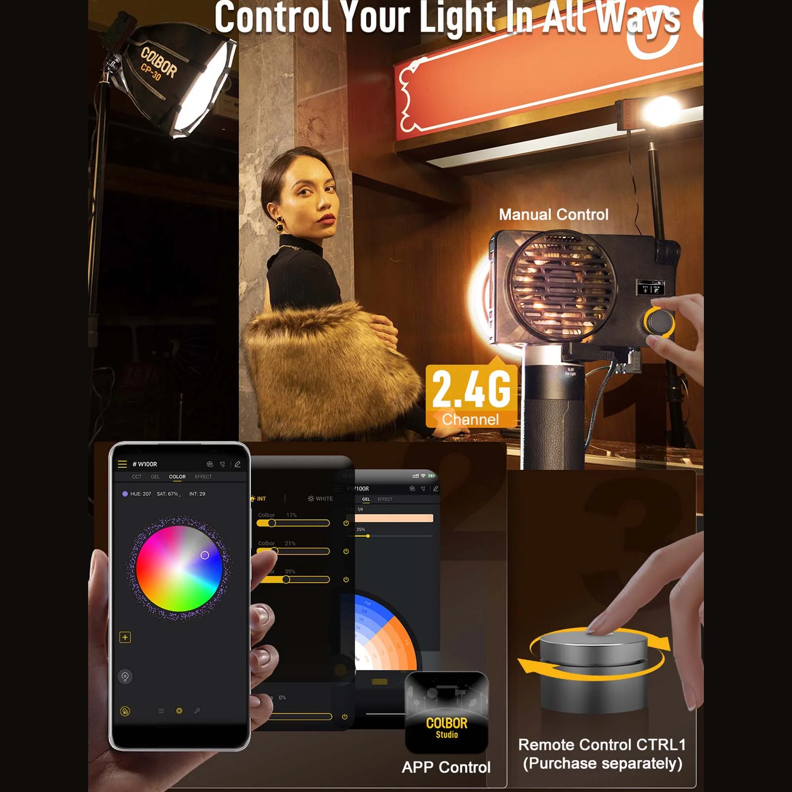 COLBOR W100R RGB Photography Light, 100W Power, 2700-6500K Full Color CRI97+ TLCI98+, with APP Control - Image 6