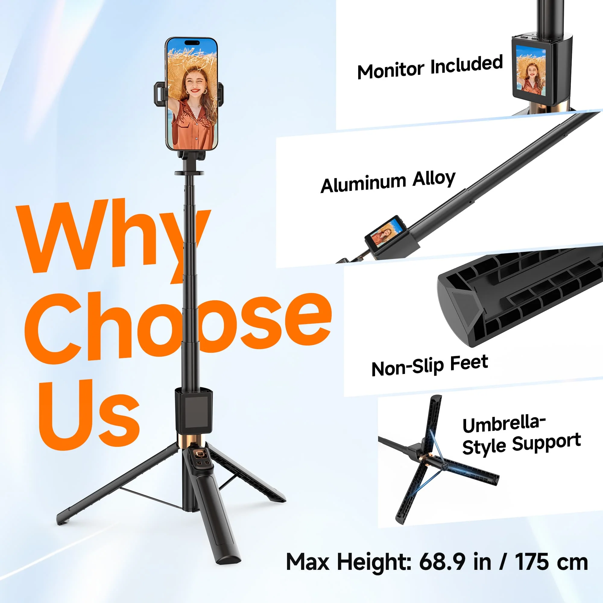 Moman CL07 Selfie Stick Tripod for Phone with Detachable Monitor and Remote Control, 2-in-1 Design Adjustable from 18’’ to 69’’ - Image 3