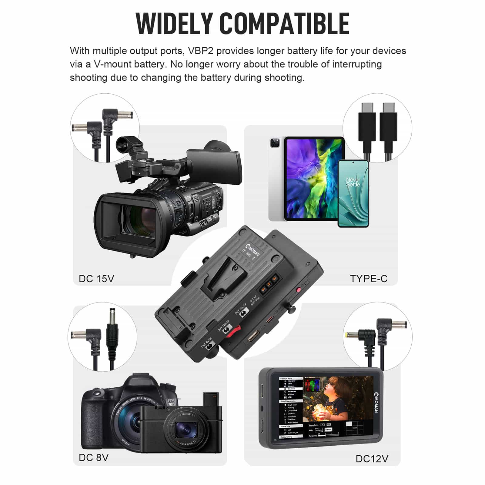 Moman VBP2 V Mount Battery Plate with 15mm Rod Clamp, USB-C Output, 3 DC Ports, and Dual D-tap Ports Featured - Image 4