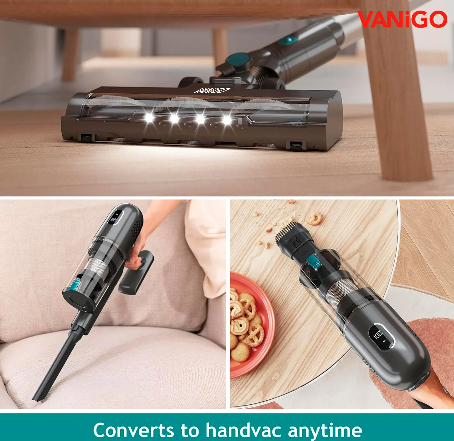 VANiGO Cordless Vacuum Cleaner, 38Kpa Powerful Stick Vacuum with Brushless Motor, LED Touch Display, 45 Mins Long Runtime, Self-Standing Lightweight Vacuum for Hard Floor Carpet Hair, P1-Pro - Image 4
