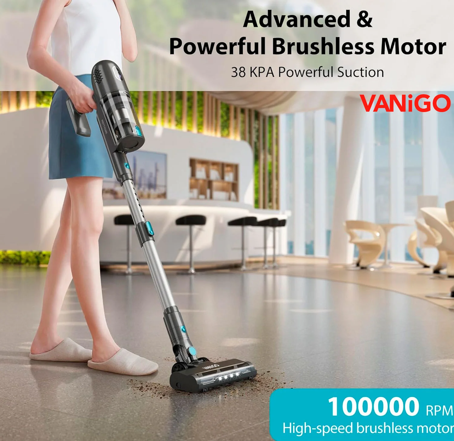 VANiGO Cordless Vacuum Cleaner, 38Kpa Powerful Stick Vacuum with Brushless Motor, LED Touch Display, 45 Mins Long Runtime, Self-Standing Lightweight Vacuum for Hard Floor Carpet Hair, P1-Pro - Image 5