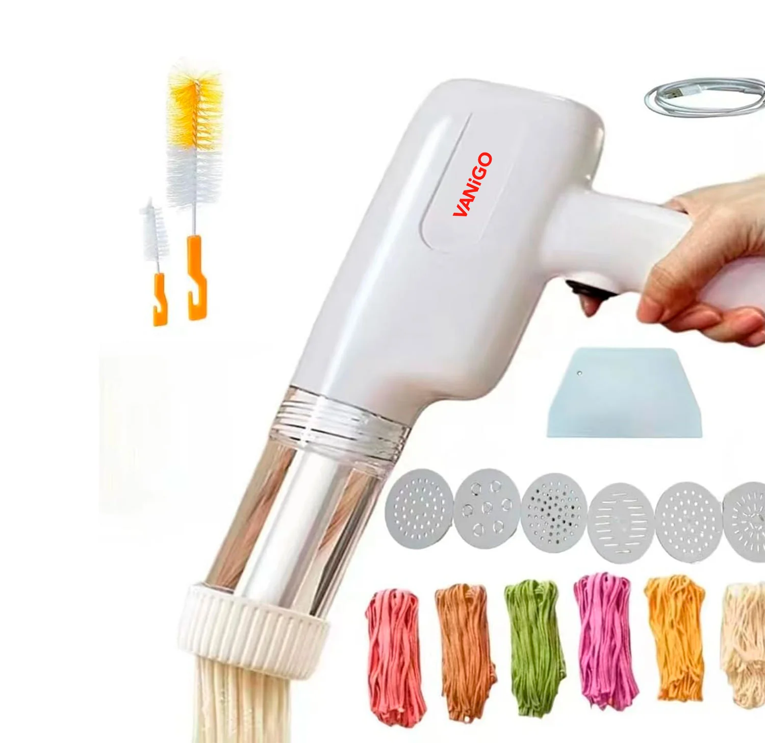 VANiGO Handheld Electric Pasta Maker, 6-in-1 Cordless Pasta Machine, Portable Noodle Maker with Moulds and Cutter, Automatic Dough Press,Homemade Ramen Spaghetti Maker Machine-with Cleaning Brush