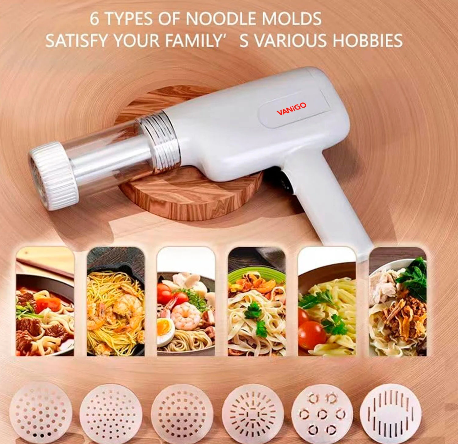 VANiGO Handheld Electric Pasta Maker, 6-in-1 Cordless Pasta Machine, Portable Noodle Maker with Moulds and Cutter, Automatic Dough Press,Homemade Ramen Spaghetti Maker Machine-with Cleaning Brush - Image 2