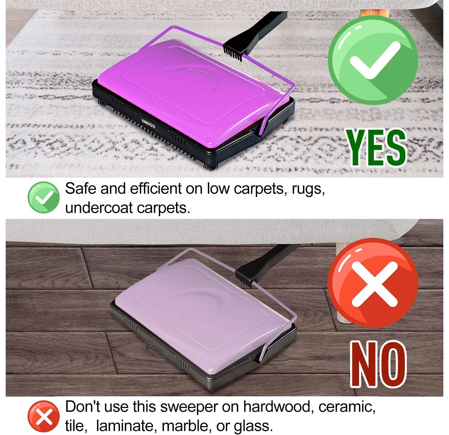 VANiGO Sweeper Cleaner for Home Office Low Carpets Rugs Undercoat Carpets Pet Hair Dust Scraps Paper Small Rubbish Cleaning with a Brush Purple - Image 3