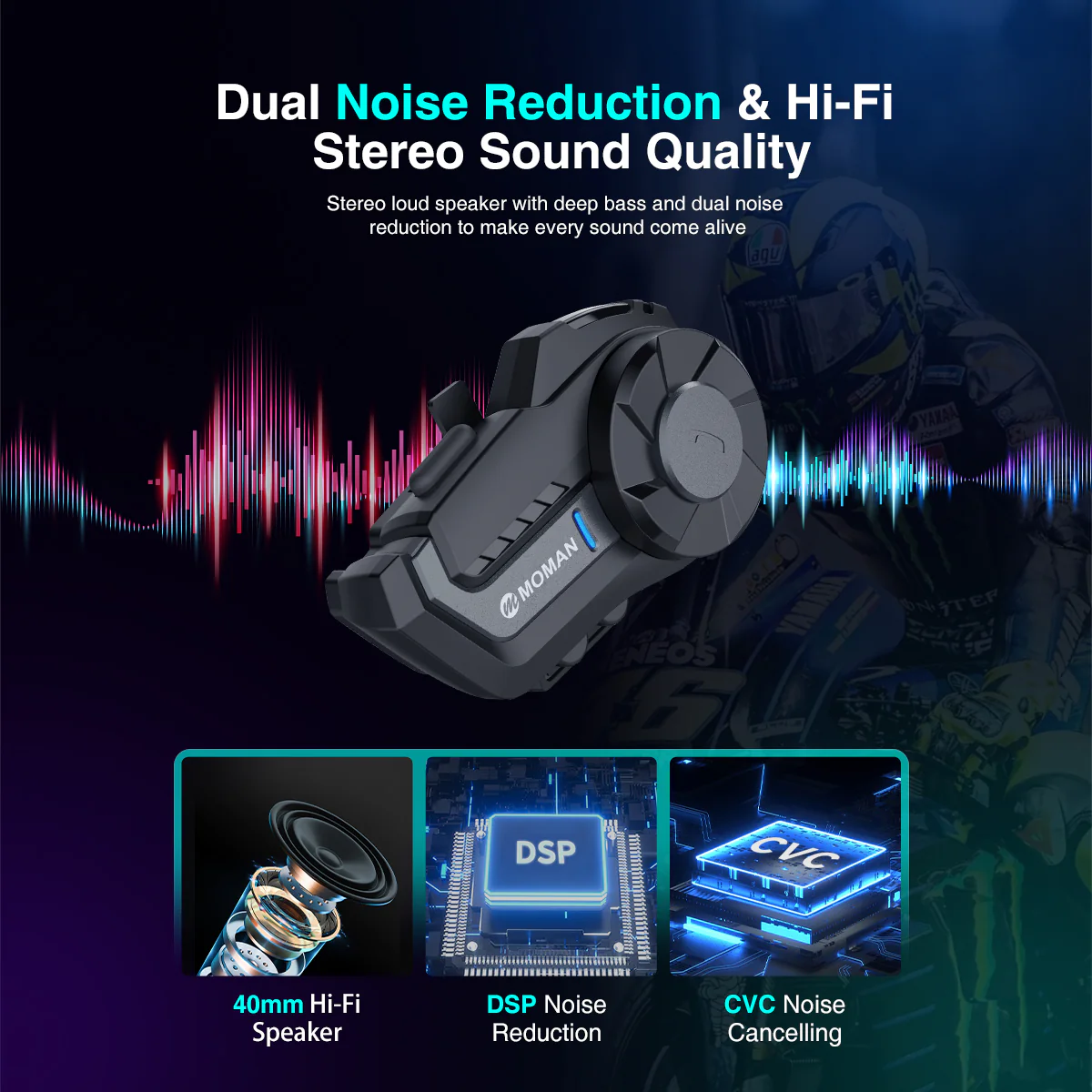 Moman H2 Pro Voice Activated Intercom for Two Motorcycle Riders, Wireless Communication, Music Share, FM Radio Featured (Single or Two Packs) - Image 6