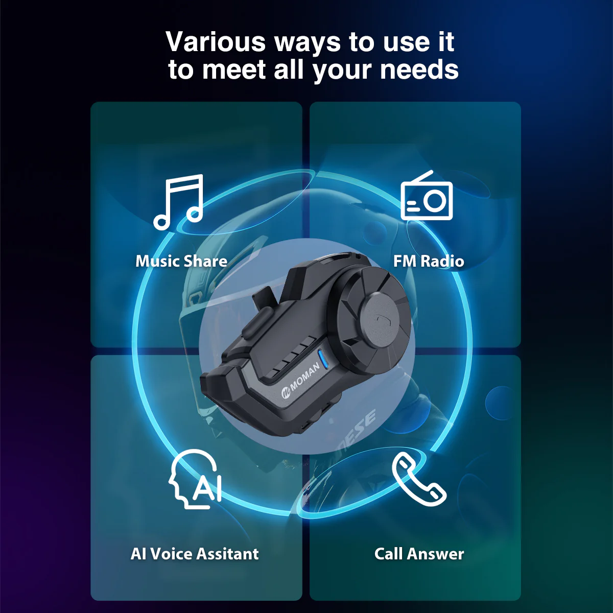 Moman H2 Pro Voice Activated Intercom for Two Motorcycle Riders, Wireless Communication, Music Share, FM Radio Featured (Single or Two Packs) - Image 8